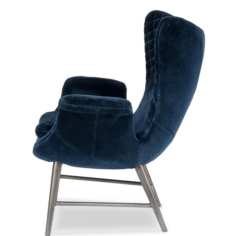 Contemporary Blue Velvet Wingback Arm Chair with Oak Legs