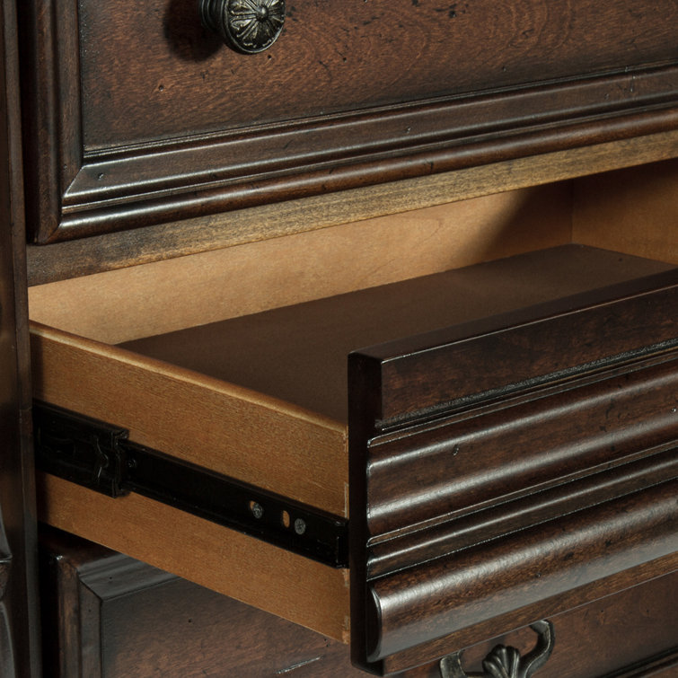 Queen Dark Brown Wood Sleigh Bed Set with Dresser and Mirror