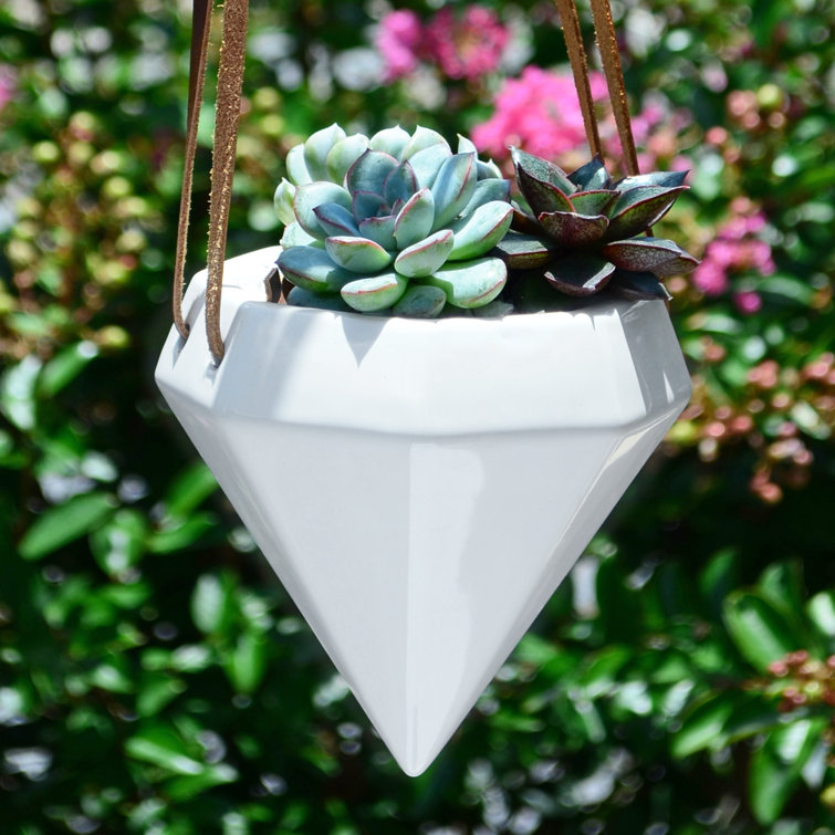 Gloss White Diamond Ceramic Hanging Planter with Leather Rope