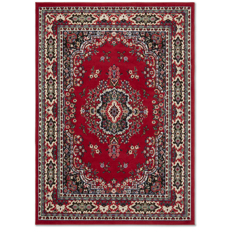Red and Cream Synthetic Oriental Area Rug, 5'2" x 7'4"