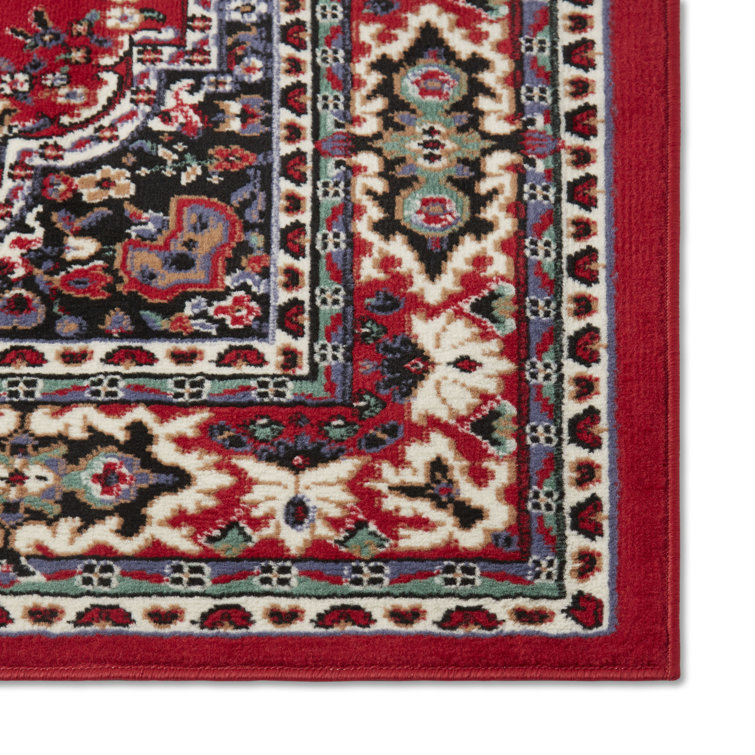 Red and Cream Synthetic Oriental Area Rug, 5'2" x 7'4"