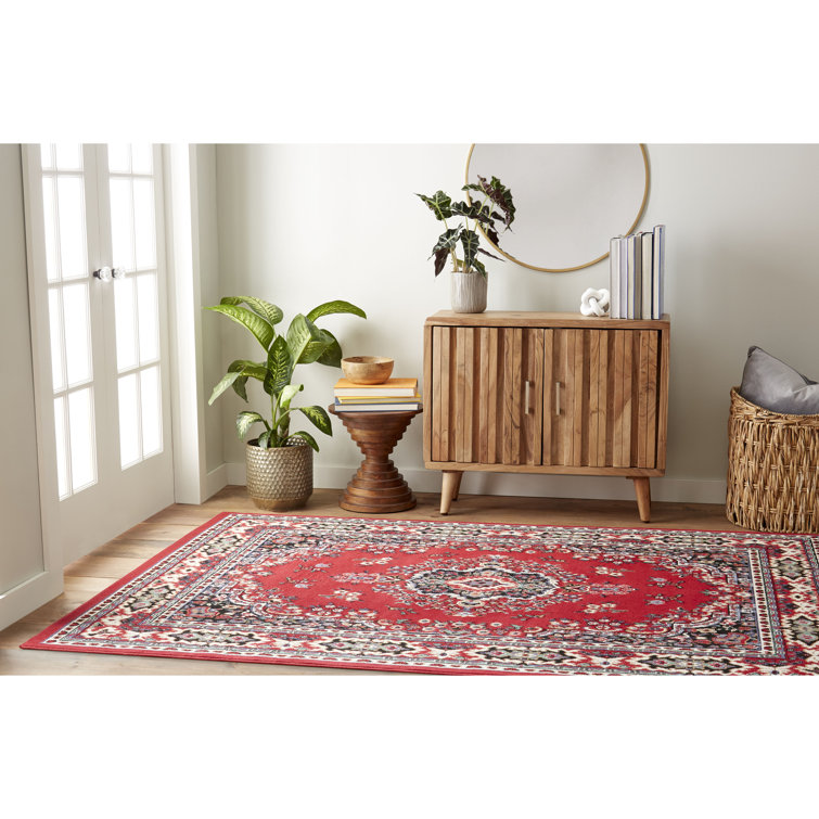 Red and Cream Synthetic Oriental Area Rug, 5'2" x 7'4"