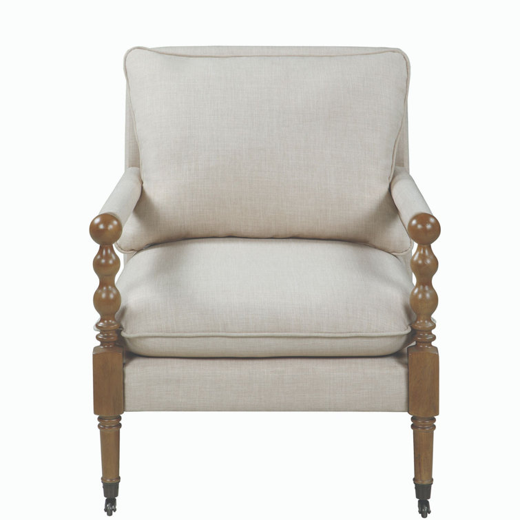 Beige Upholstered Wood Accent Chair with Turned Legs