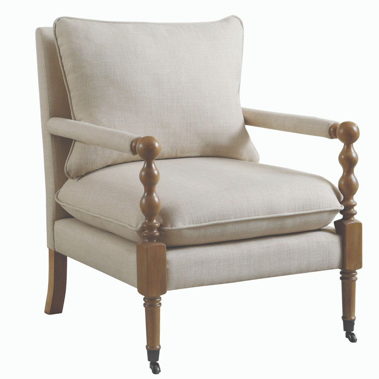 Beige Upholstered Wood Accent Chair with Turned Legs