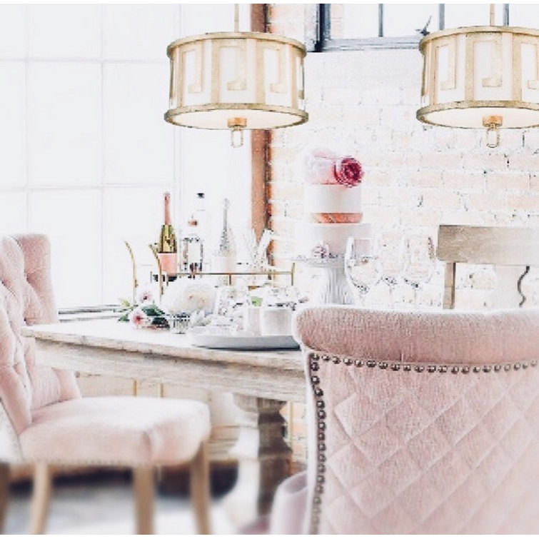 Distressed Gold Drum 2-Light Pendant with Fabric Shade