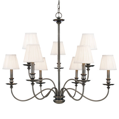 Elegant Aged Brass 9-Light Chandelier with Off-White Faux Silk Shades