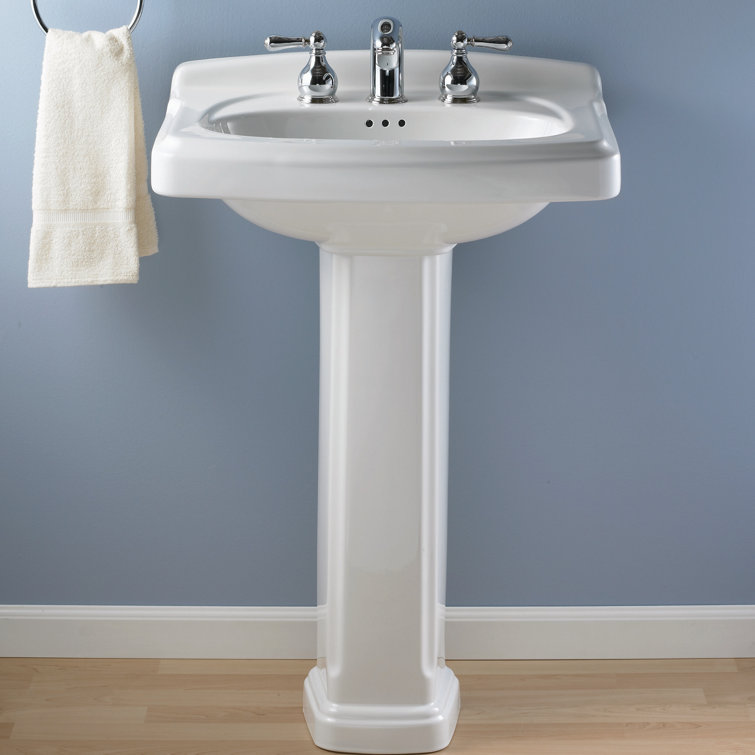 White Ceramic Rectangular Pedestal Bathroom Sink with Overflow