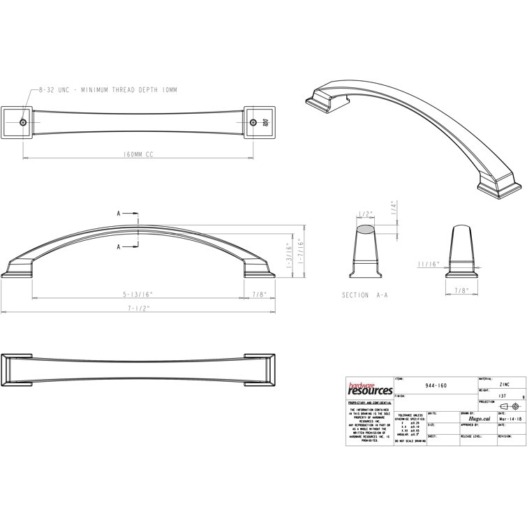 Brushed Pewter 6 1/3" Arch Pull with Mounting Hardware