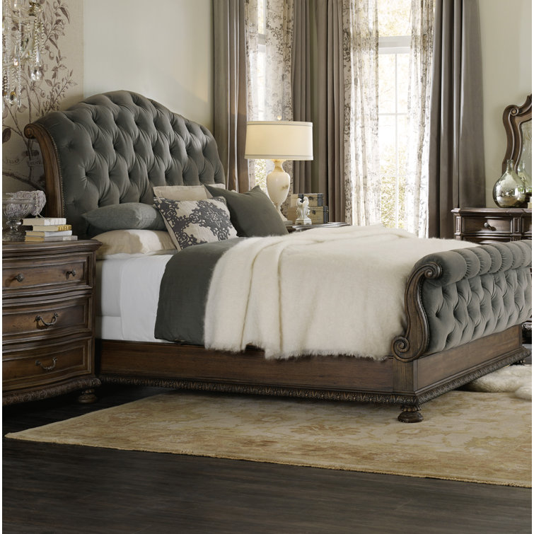 King-Sized Traditional Sleigh Bed with Tufted Beige Upholstery