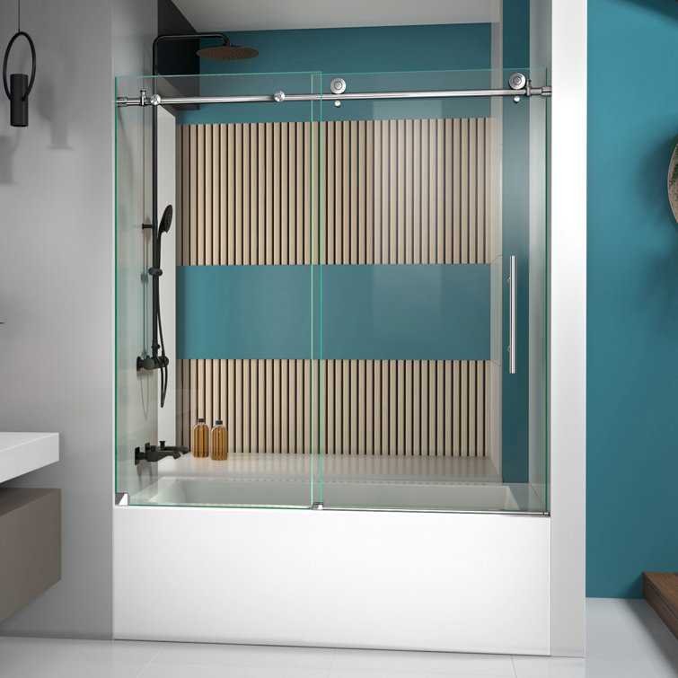 Enigma-X 59" Polished Stainless Steel Frameless Sliding Tub Door