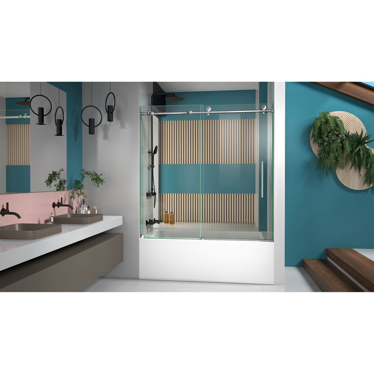Enigma-X 59" Polished Stainless Steel Frameless Sliding Tub Door