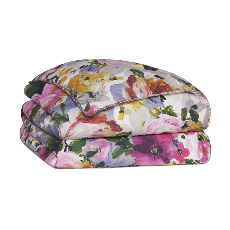 Queen Size Floral Cotton Duvet Cover Set in Raspberry and Grass