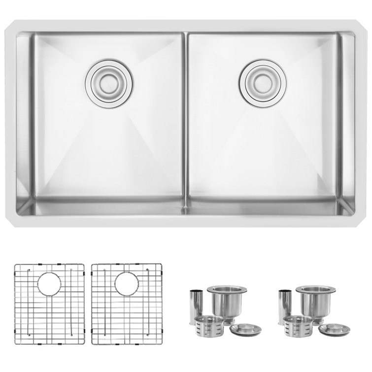 Stylish 32" Stainless Steel Double Bowl Undermount Kitchen Sink with Accessories