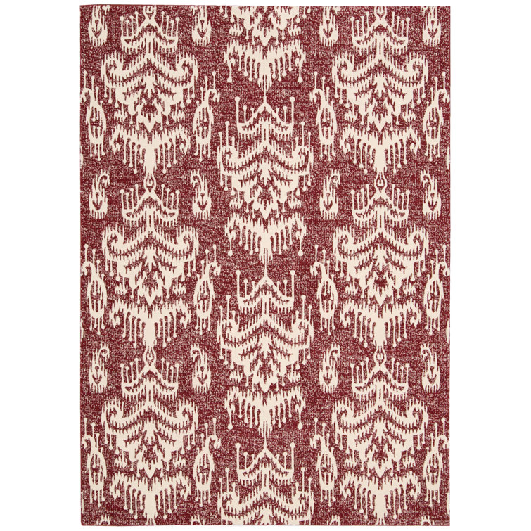 Crimson Red and White Abstract Wool Shag Area Rug