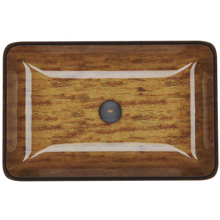 Amber Sunset Glass Rectangular Vessel Sink with Wood Finish