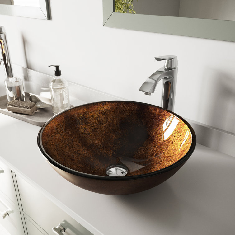 Russet Gold and Brown Glass Round Vessel Sink with Chrome Faucet