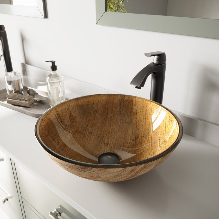 Amber Sunset Round Glass Vessel Sink with Bronze Faucet