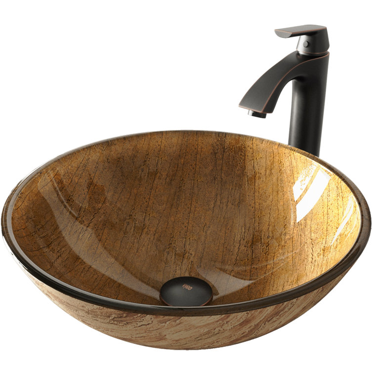 Amber Sunset Round Glass Vessel Sink with Bronze Faucet