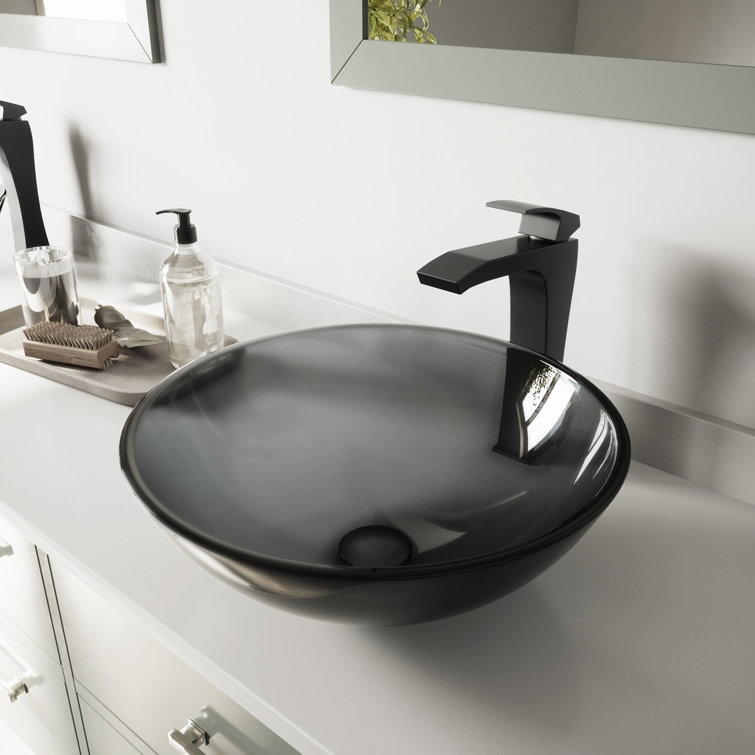 Sheer Black Tempered Glass 16.5" Vessel Bathroom Sink with Matte Black Faucet