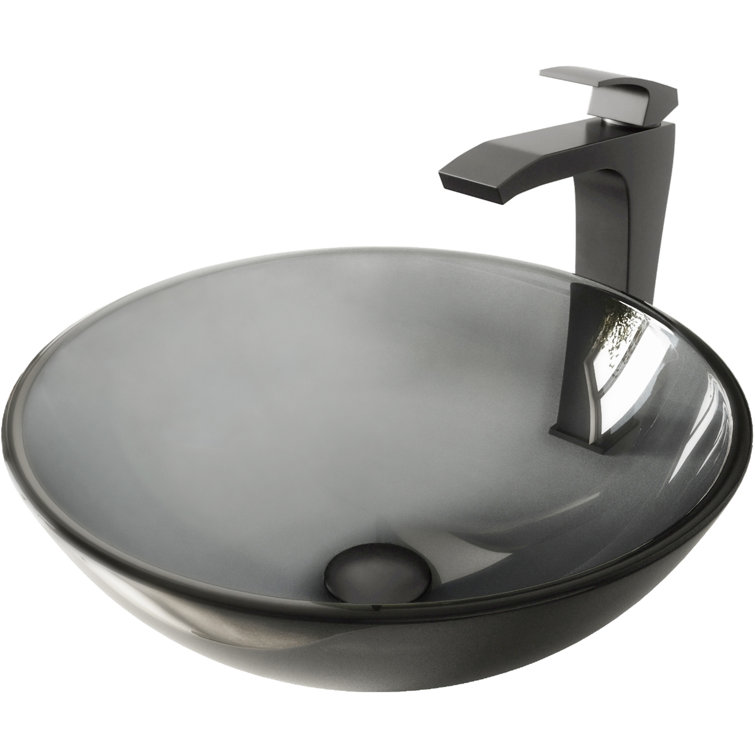 Sheer Black Tempered Glass 16.5" Vessel Bathroom Sink with Matte Black Faucet
