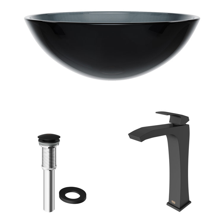Sheer Black Tempered Glass 16.5" Vessel Bathroom Sink with Matte Black Faucet
