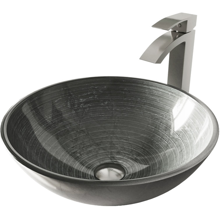 Simply Silver Round Glass Vessel Sink with Brushed Nickel Faucet