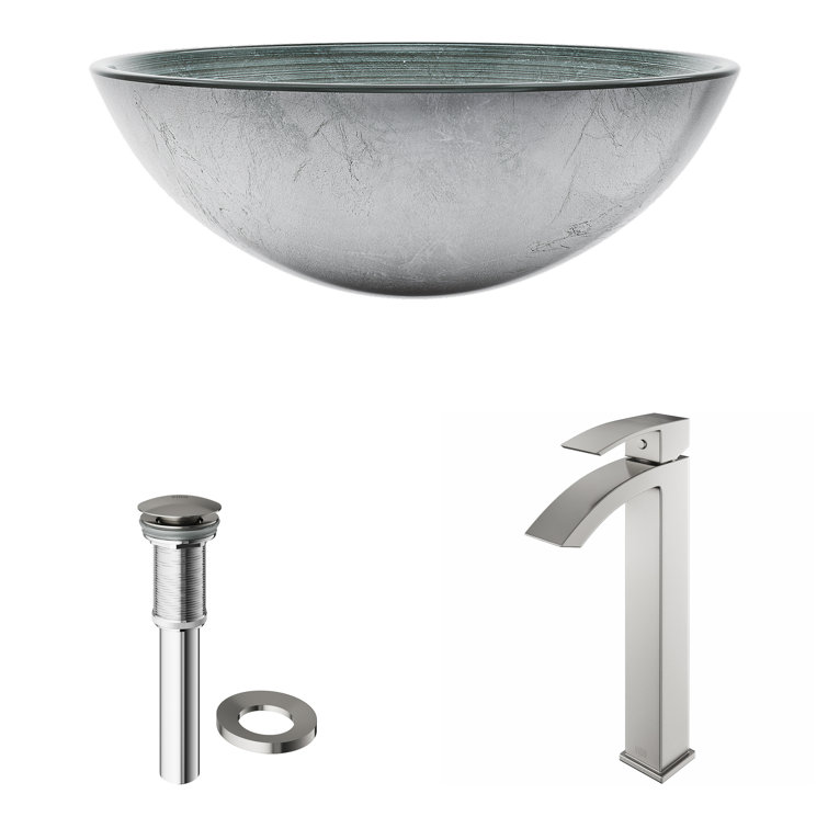 Simply Silver Round Glass Vessel Sink with Brushed Nickel Faucet
