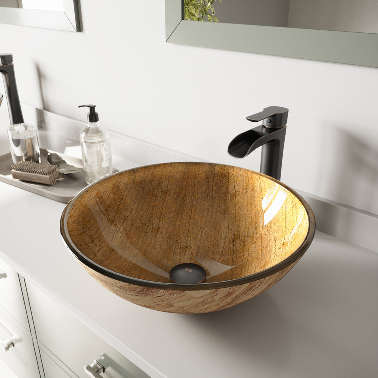 Russet Brown Round Glass Vessel Sink with Antique Bronze Faucet