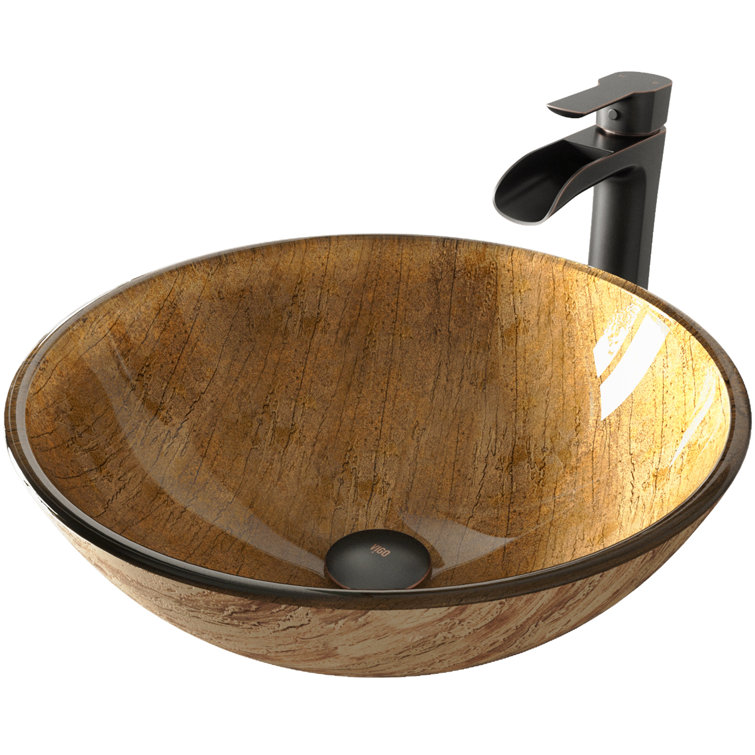 Russet Brown Round Glass Vessel Sink with Antique Bronze Faucet