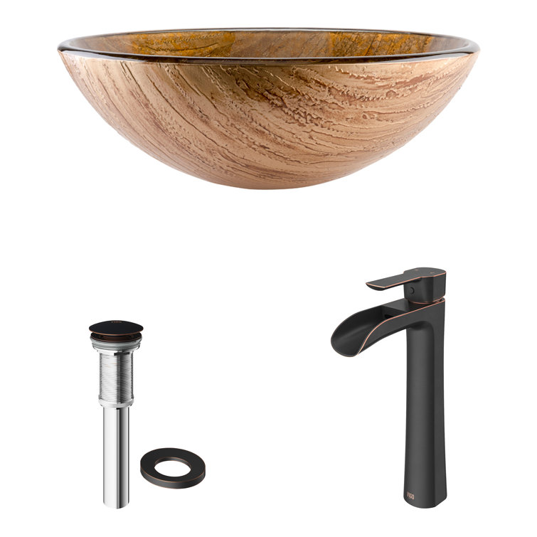 Russet Brown Round Glass Vessel Sink with Antique Bronze Faucet