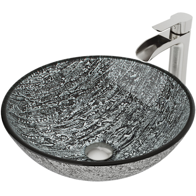 Titanium Gray Glass Vessel Sink with Modern Brushed Nickel Faucet