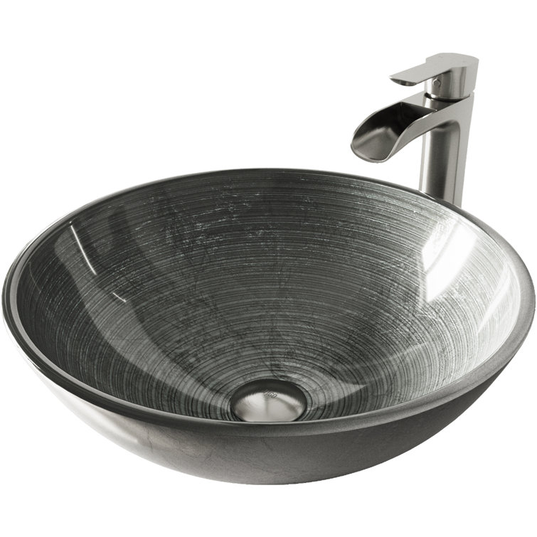 Simply Silver Round Glass Vessel Sink with Brushed Nickel Faucet