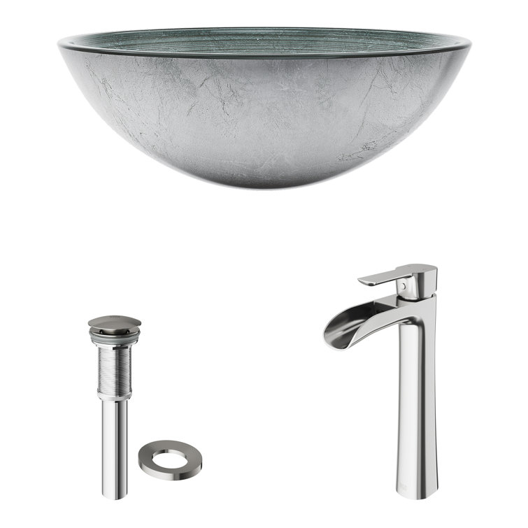 Simply Silver Round Glass Vessel Sink with Brushed Nickel Faucet