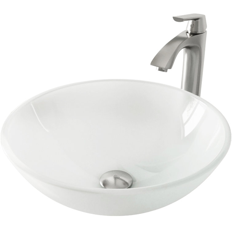 White Frost Glass Round Vessel Sink with Brushed Nickel Faucet