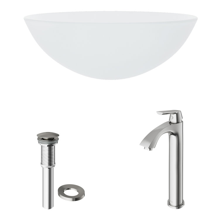 White Frost Glass Round Vessel Sink with Brushed Nickel Faucet