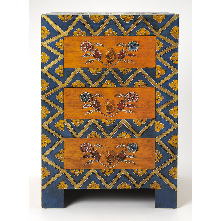 Vibrant Hand-Painted Mango Wood 3-Drawer Accent Chest