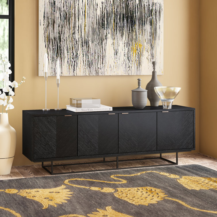 Myles Dark-Stained Chevron Oak Credenza with Rose Gold Handles