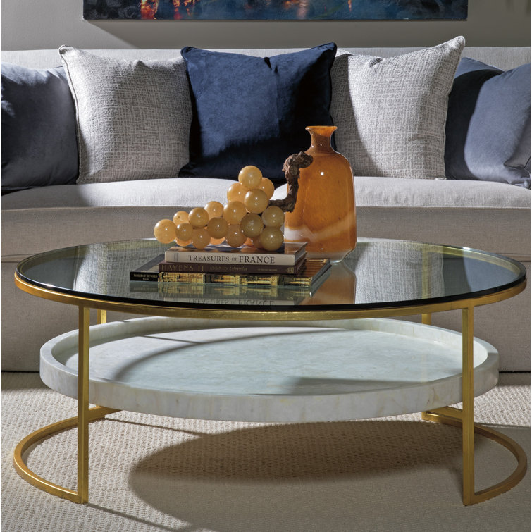 Large Round Gold Foil Iron Cocktail Table with Glass Top