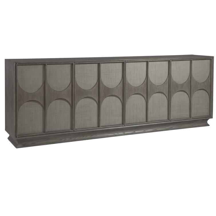 Mid-Century Modern Grey Oak Long Media Console with Raffia Accents