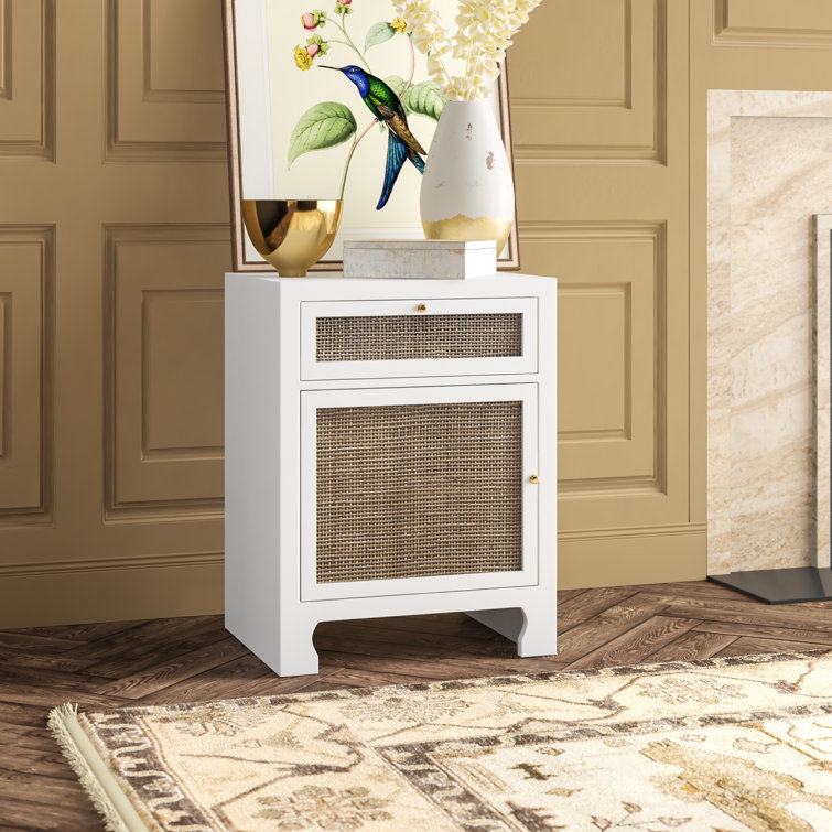 Elegant Freestanding White Cabinet with Adjustable Shelving and Brass Accents