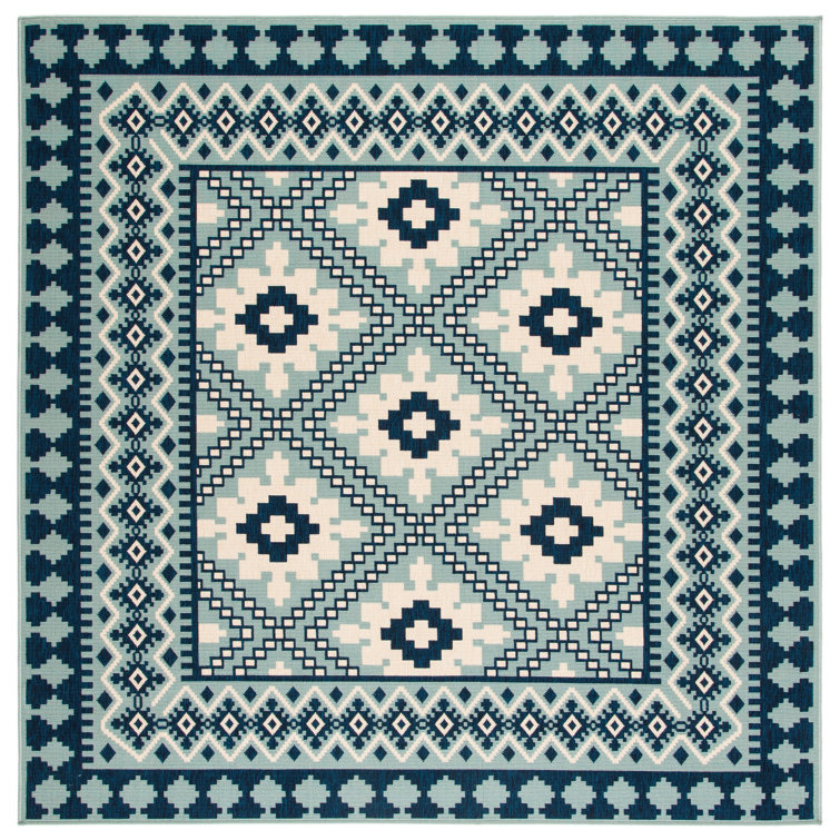 Ivory and Blue Square Synthetic Southwestern Rug