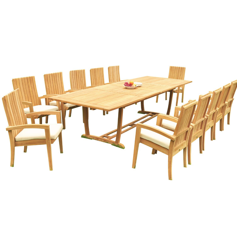 Teak 13-Piece Extendable Rectangular Dining Set with Stackable Chairs