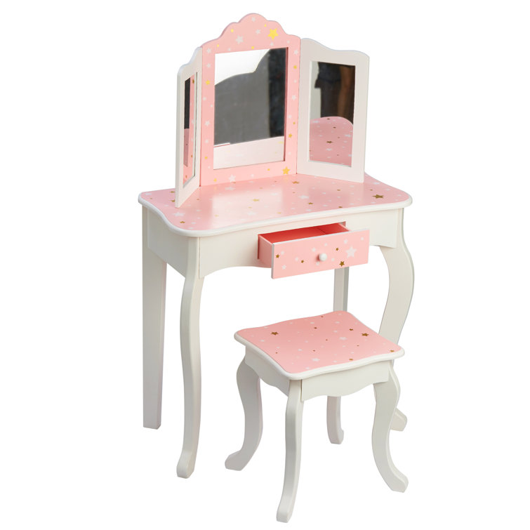 Gisele Blush Pink Star Print Kids Vanity Set with Bench