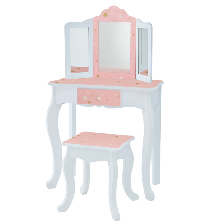 Gisele Blush Pink Star Print Kids Vanity Set with Bench