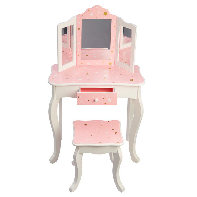 Gisele Blush Pink Star Print Kids Vanity Set with Bench
