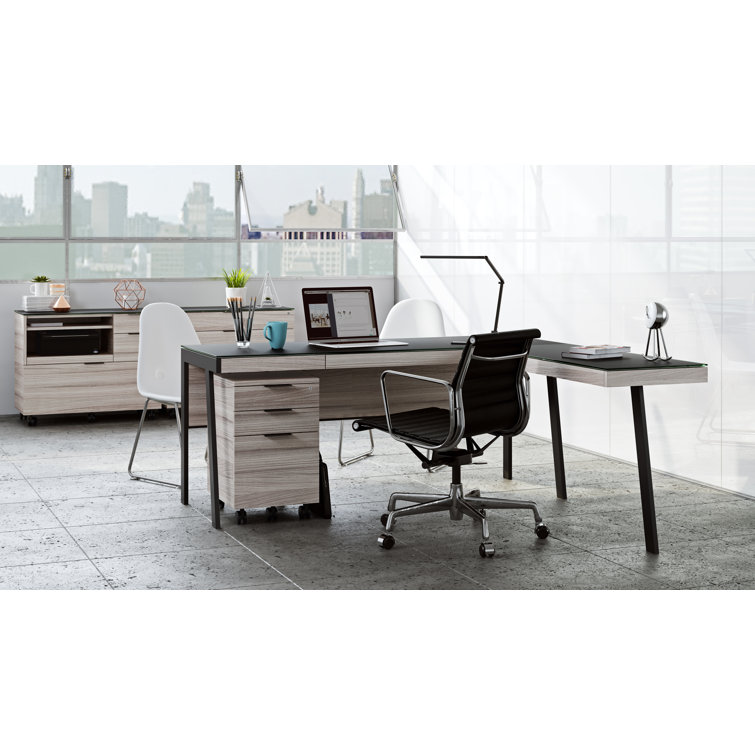 Sigma 42" Clear Glass and Black Metal Reversible Desk Return