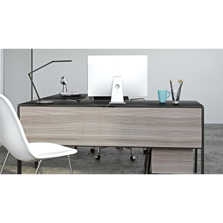 Sigma 42" Clear Glass and Black Metal Reversible Desk Return