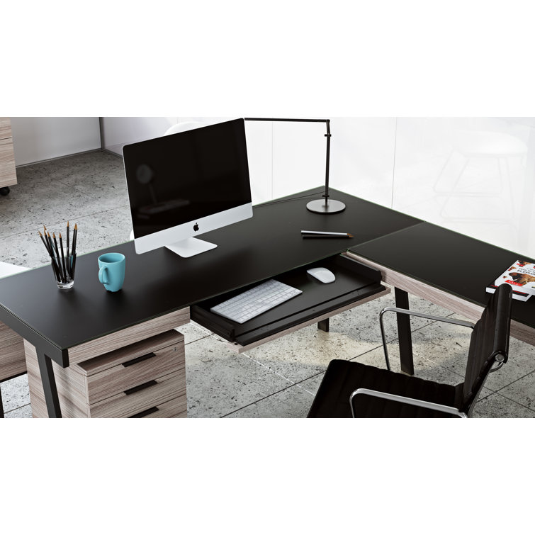 Sigma 42" Clear Glass and Black Metal Reversible Desk Return