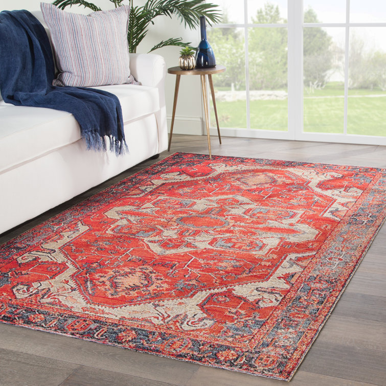 Red and Beige Stain-Resistant Synthetic Rectangular Rug