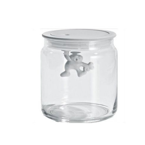 Small White Glass Jar with Airtight Lid and Quirky Design